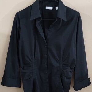 New York & Company black Button Up Shirt Womens Stretch Top L cuffed sleeve